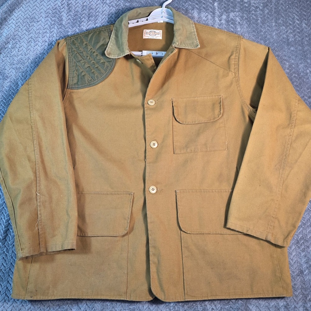 Vintage SafTBak Canvas Shooting Jacket Men XL Tan Green Button Hunting Bird Duck